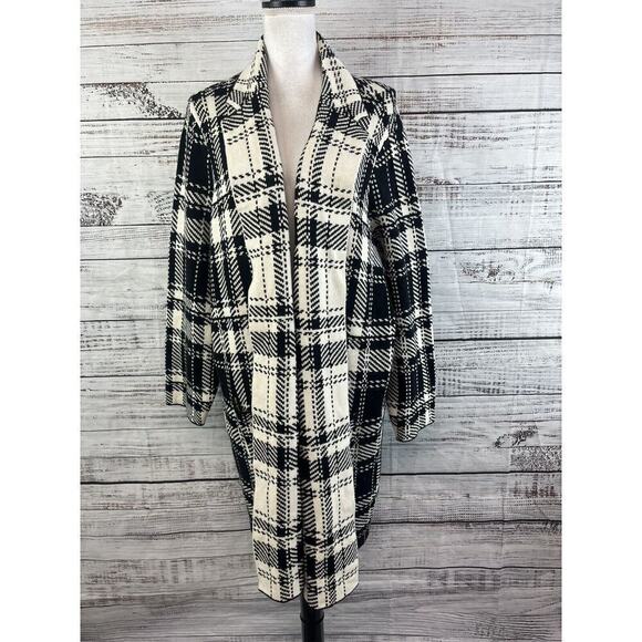 Chaps Duster Long Cardigan Sweater Plus size 2X Black Ivory Plaid Stretch Preppy - Picture 2 of 14